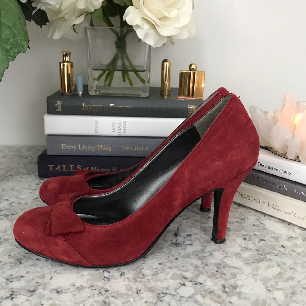 {Nine West} Red Suede Pumps with Bow Detail